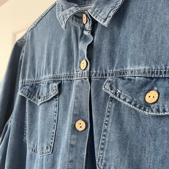 Button-Front Tiered Denim Shirt Dress - Blue - Picture 2 of 6